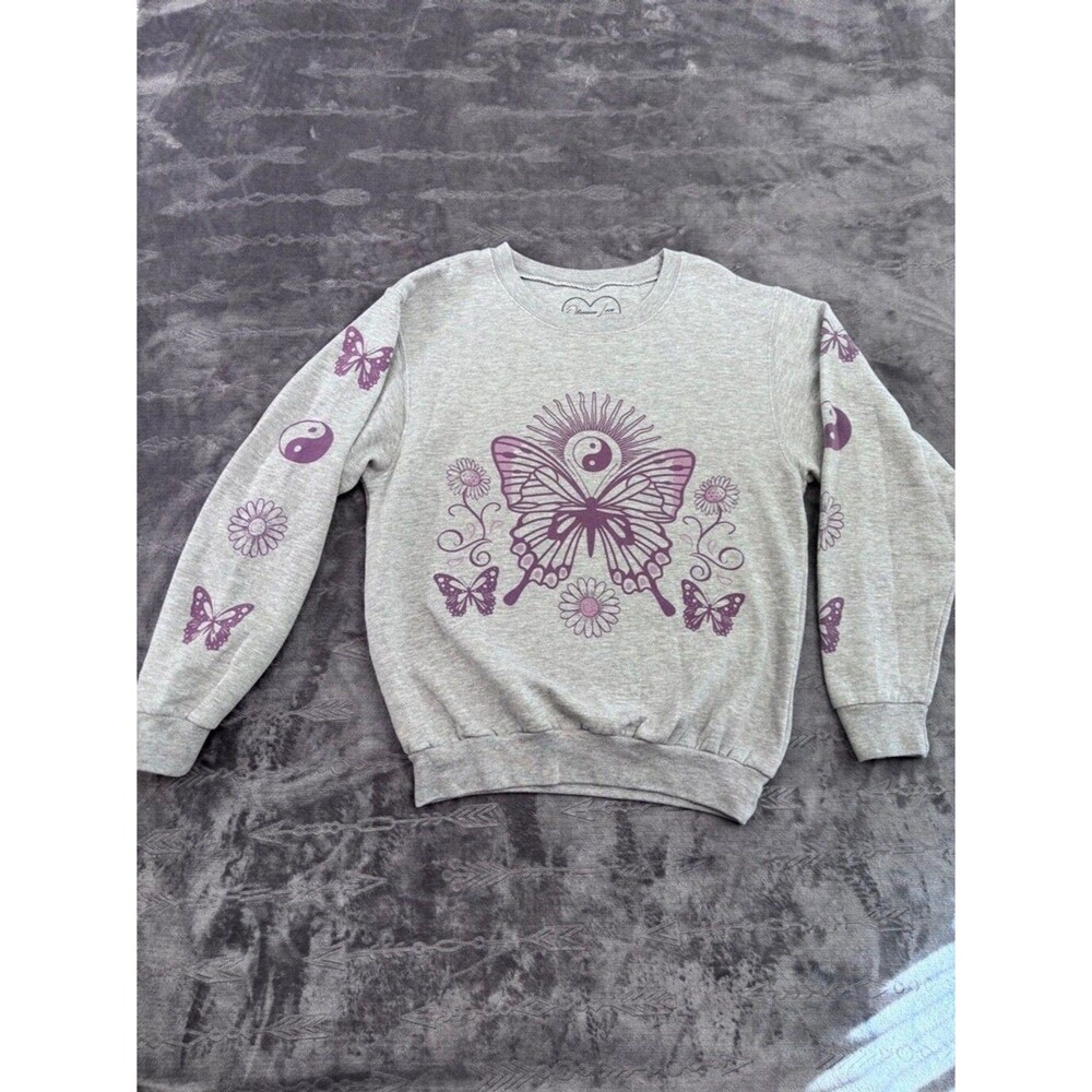 Obsessive Love Sweatshirt Women's S Grey Purple Butterflies Flowers - Picture 2 of 10
